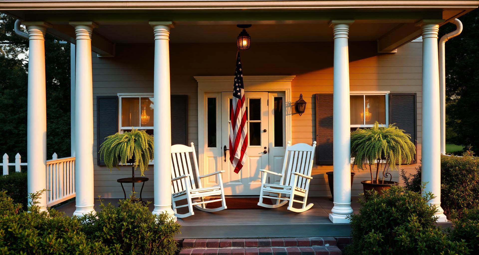 Southern front porch with rocking chairs and American flag at dusk in Middle Tennessee