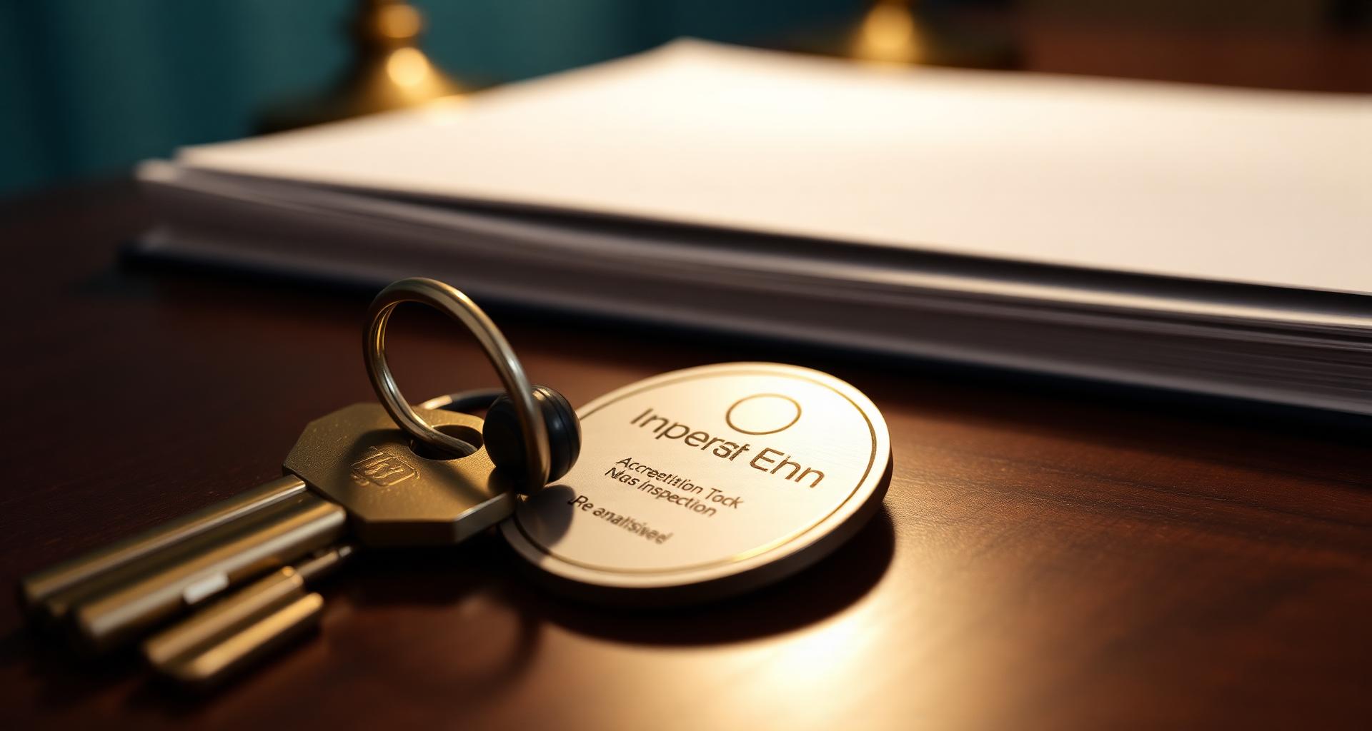 Polished brass key, accreditation badge, and inspection log on a dark wood desk