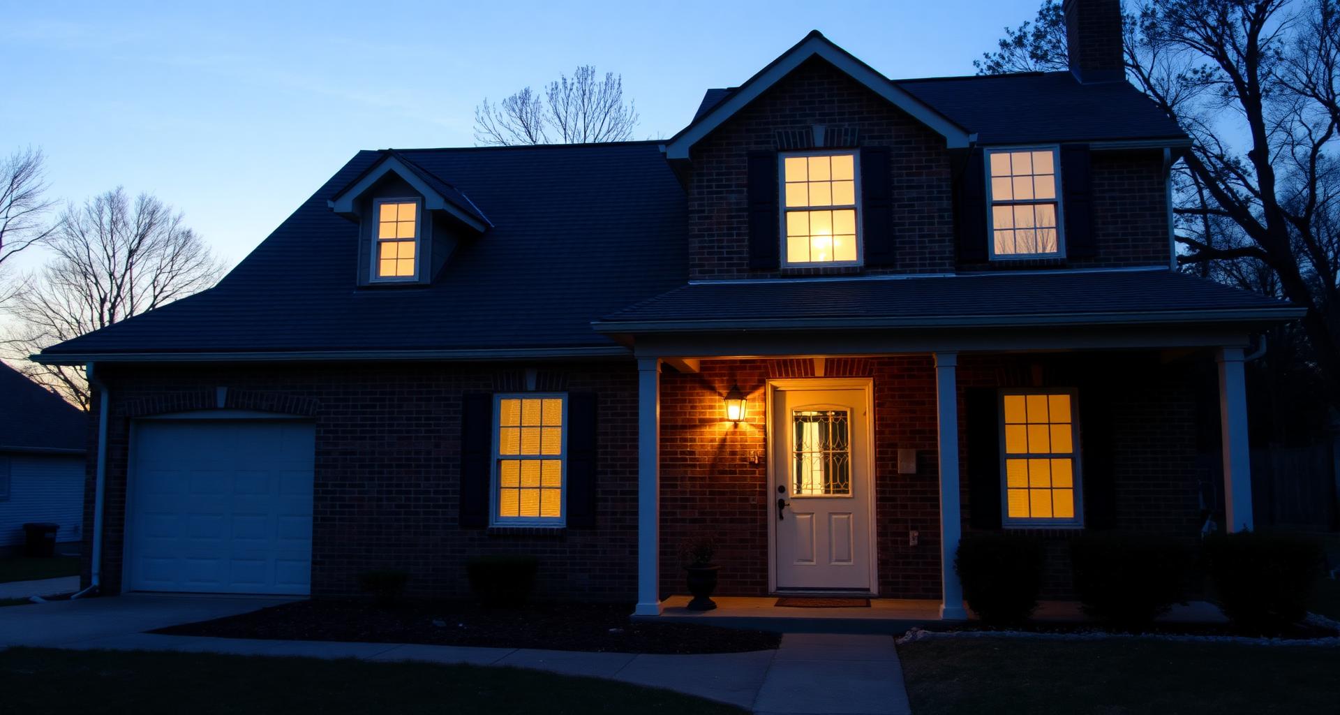 Brick Tennessee home at dusk with a warm glow in the window