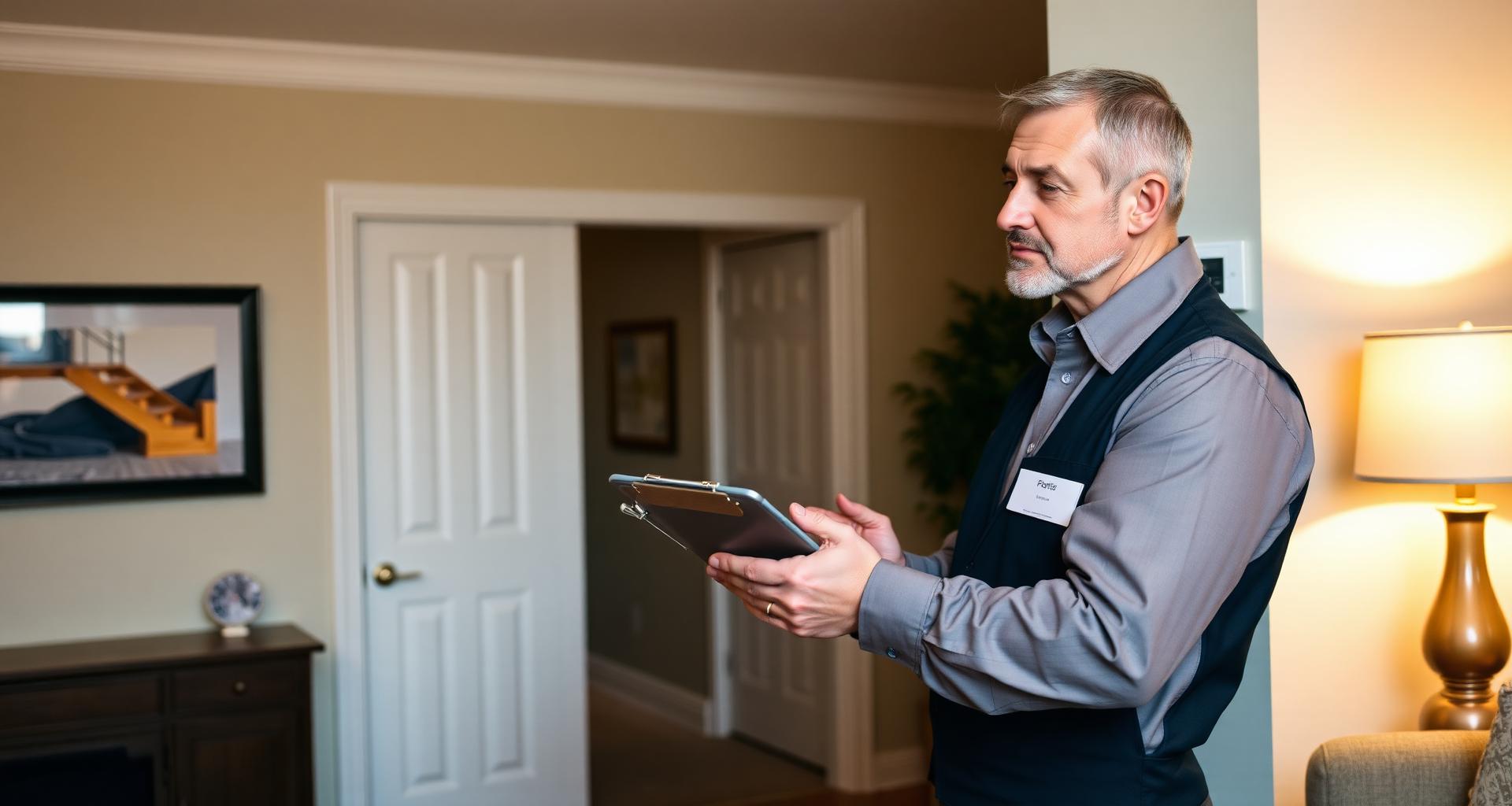Professional home inspector reviewing a thermostat and clipboard inside a Middle Tennessee home